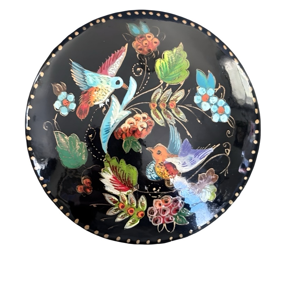 Vintage Hand Painted Russian Lacquer Bird Floral Brooch | Signed Folk Art Pin